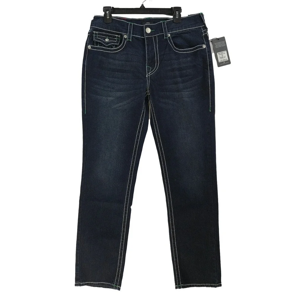New True Religion Geno Men's Size 33x32 Dark Wash Big T Flap‎ Jeans